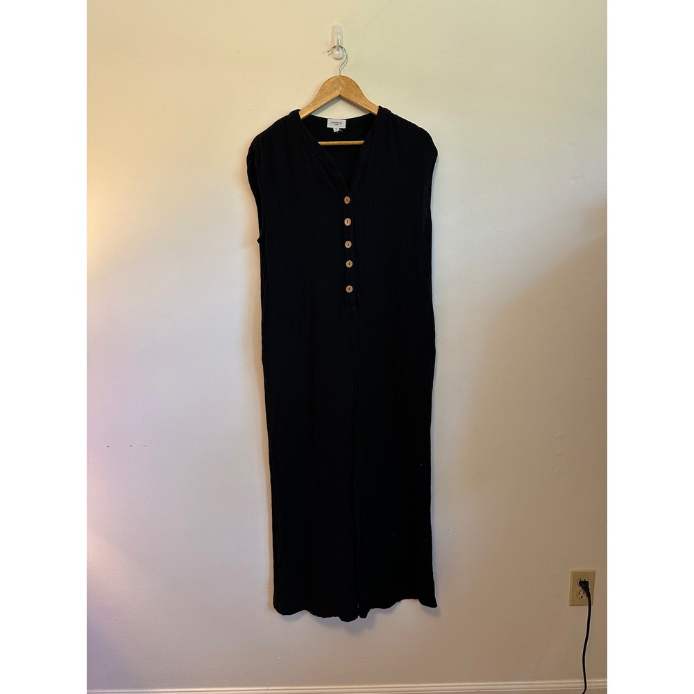 AnnieWear Black Cotton Gauze Sleeveless Wide Leg Button Front Jumpsuit | Small